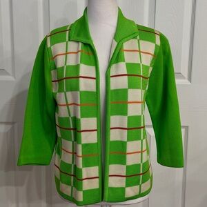 Vintage 70s‎ Style LimeGreen Checkerboard Knit S Cardigan Open Front Retro Plaid